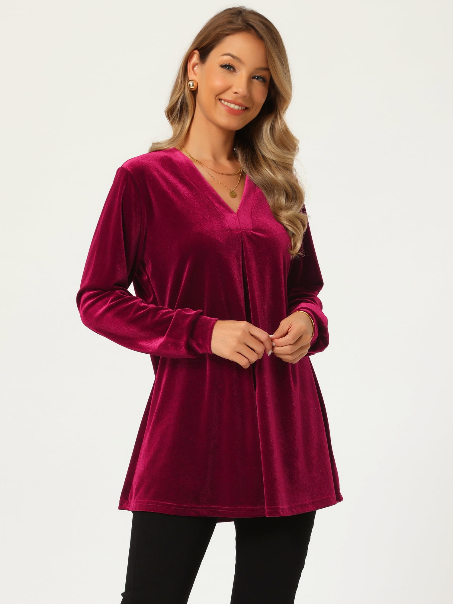 DARING DIVA Women's Velvet Top V Neck Long Sleeves Loose Blouse L Red