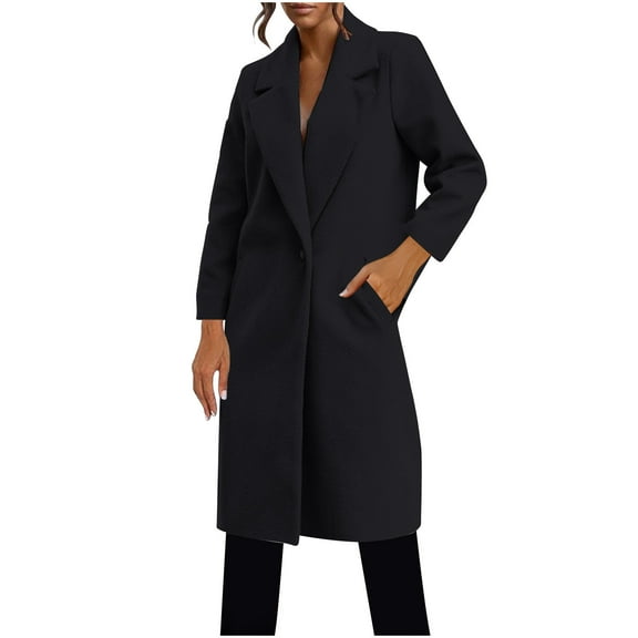 ZQUUVOU Women's Fall Winter Long Pea Coat Notch One Button Trench Coat Fleece Warm Overcoat Long Jacket with Pocket Black