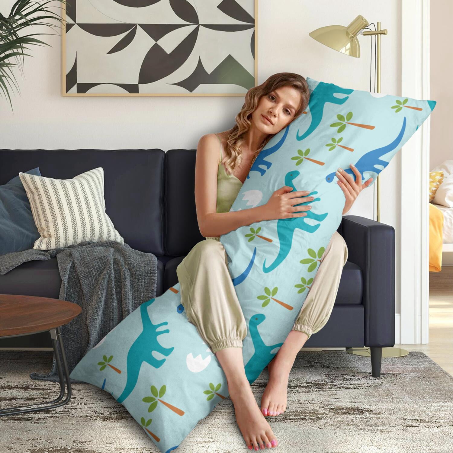 Bright Cartoon Dinosaur Body Pillow Cover - 20x54 Soft & Cozy - Invisible Zipper - Stretchy & Durable