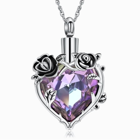 Rose Flower Heart Urn Necklaces for Ashes Cremation Jewelry for Ashes Simulated Birthstone Heart Ashes Pendant Necklaces for Women Men Memorial Keepsake Jewelry Gift