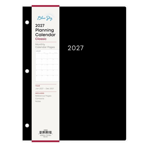 Blue Sky 2027 Monthly Planner Calendar, January 2027 - December 2027, 8.5" x 11", Monthly Layout, Clear Flexible Cover, Stapled Binding, 3 Hole Punched Pages, Solid Black