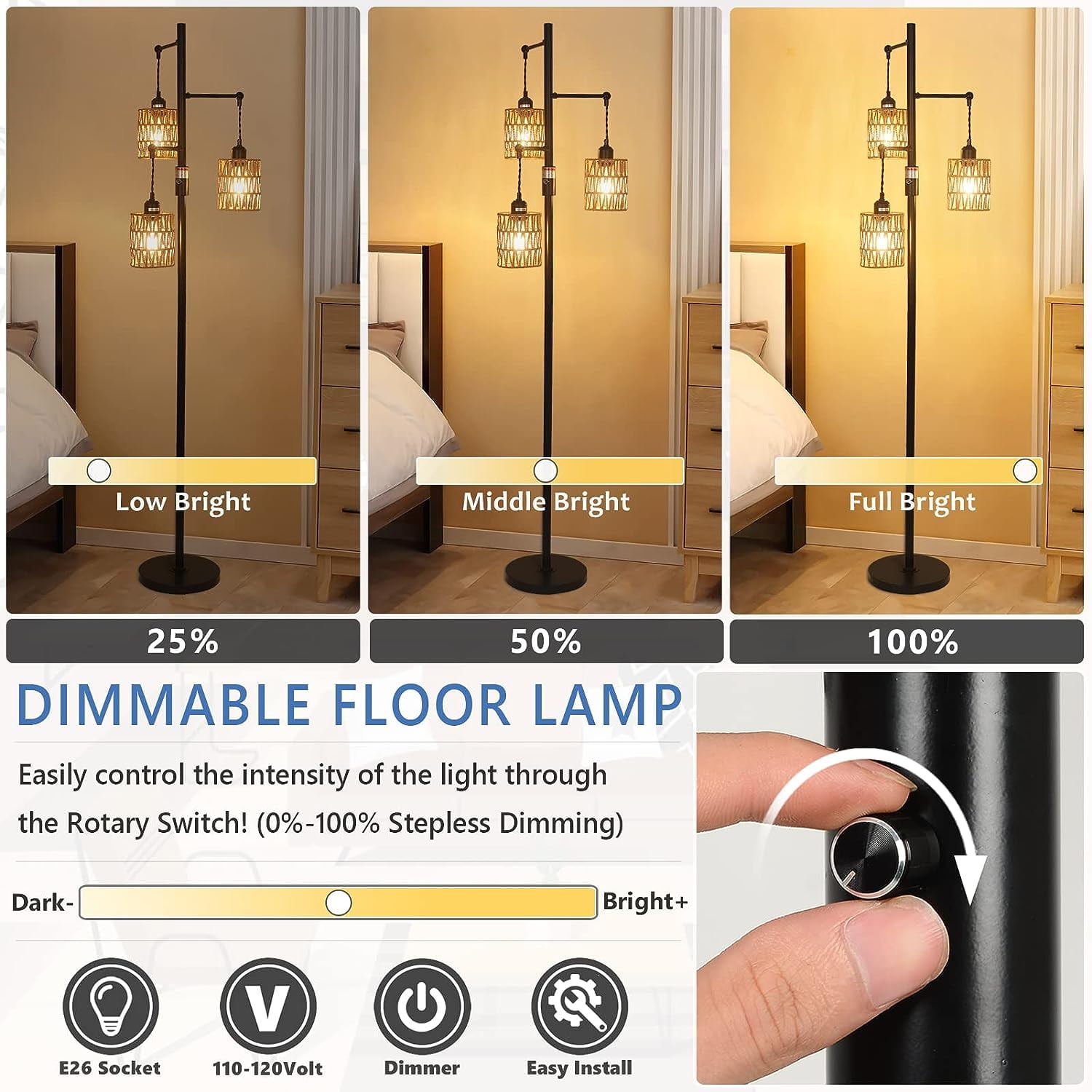 Newest 65” Bohemian 3-Light Rattan Floor Lamp with Stepless Dimmable Switch, Black & Brown for Living Room