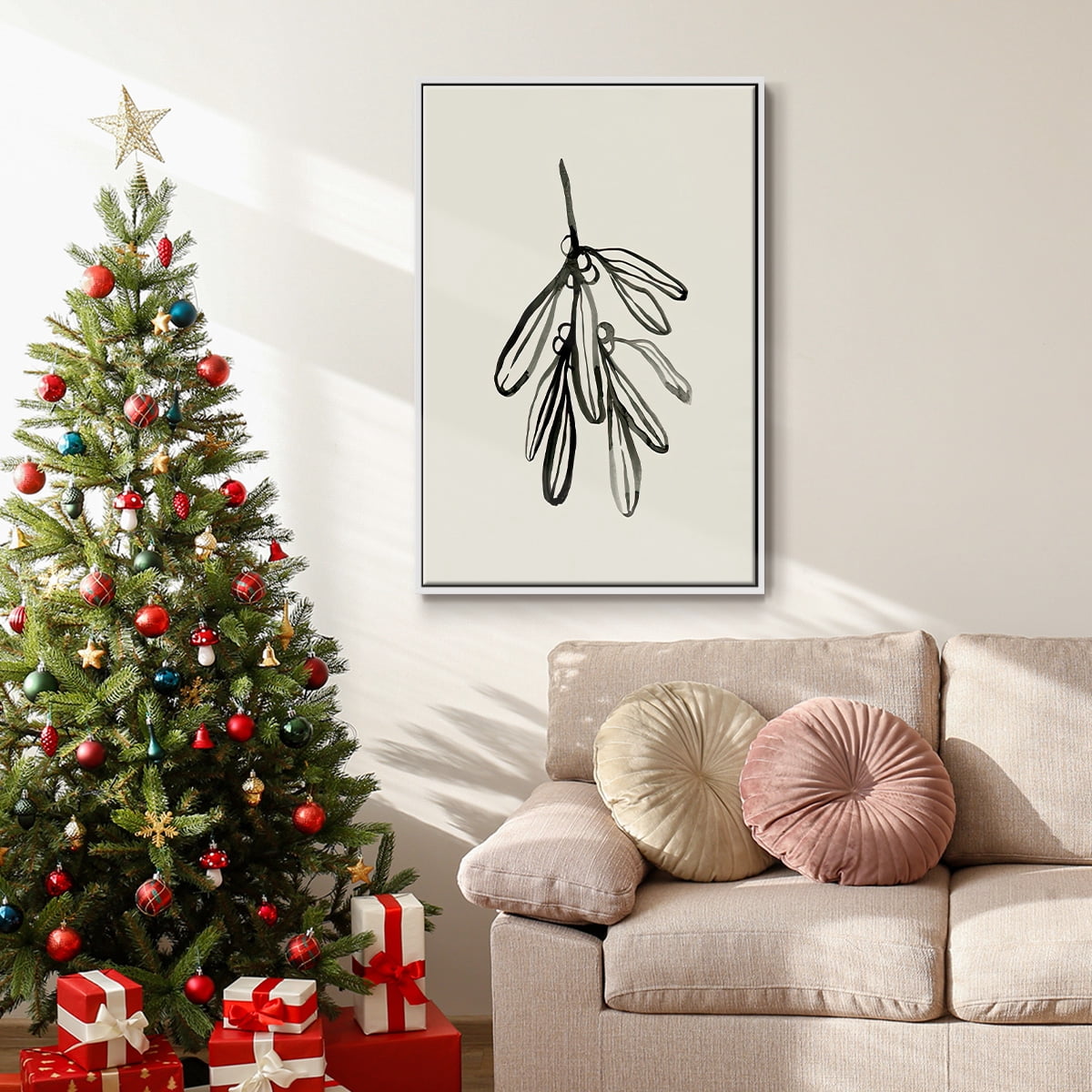 Mistletoe Sketch I - Framed Gallery Wrapped Holiday Canvas - 17 x 25 - White Frame