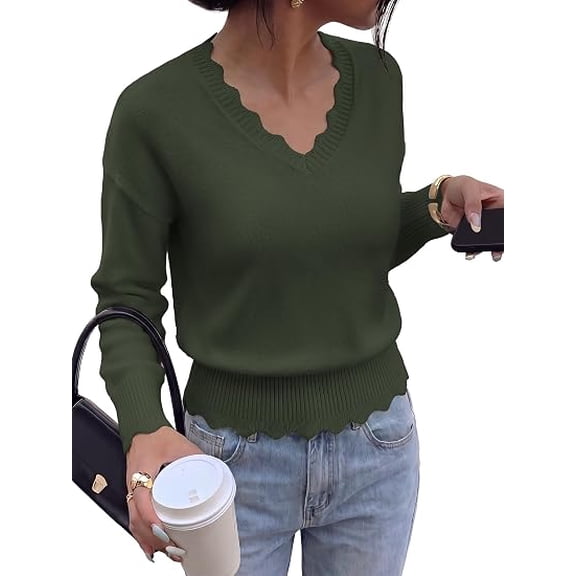BTFBM Fall Long Sleeve Sweaters for Women | V Neck,Drop Shoulders,Scallop Edges,Lightweight Knit Sweaters Top,Daily Wear,Holiday,Christmas,Winter Clothing