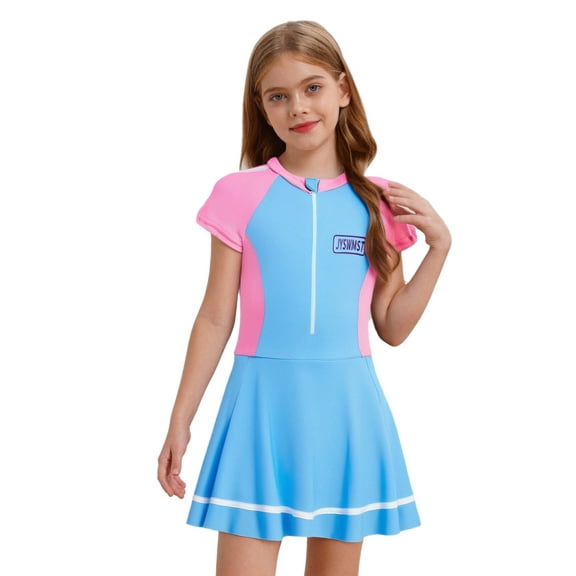 YiZYiF Kids Girls Short Sleeve Zip Neck One Piece Swim Dress with Built Shorts Rash Guard Swimsuit Pink&Blue 150/XL