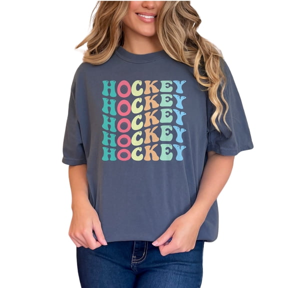 Hockey, Sports Themed, Groovy Retro Wavy Text, Denim Comfort Colors T-Shirt, Small