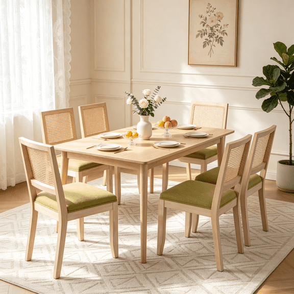 Farmhouse Rattan Dining Chairs Set of 2, Mid Century Modern Kitchen & Dining Room Chairs, Cane Low Back, with Natural Solid Wood Frame,Olive Green