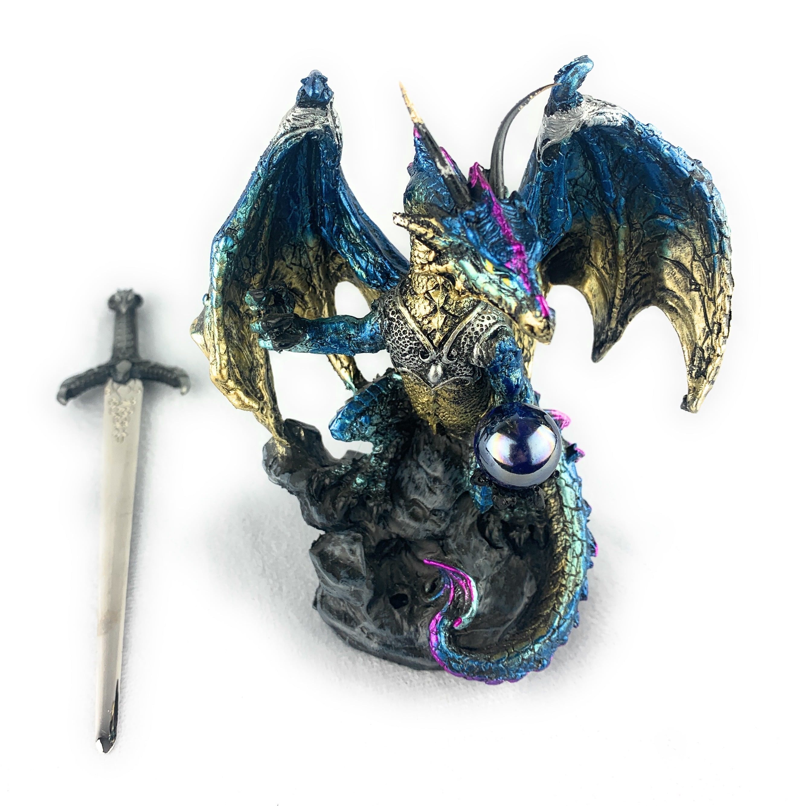 Ain’t It Nice Dragon Statue with Medieval Dragon Sword and Crystal Ball Collectible Dragon Figurine Fantasy Medieval Dragon Décor, Blue & Gold Colored 4(L) 2(W) 7(H) inches