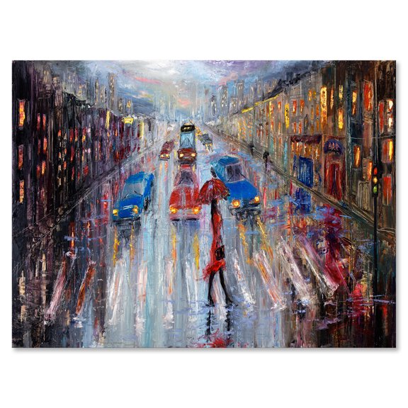 Designart ' Girl In Red Crossing The Street ' Traditional Canvas Wall Art Print