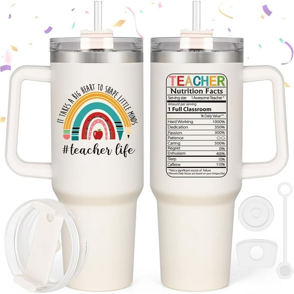 Teacher Christmas Gifts, Best 40 Oz Teacher Tumbler Cup, Teacher Gifts for Women Christmas, Cute Daycare Teacher Gifts Ideas for Preschool Teacher Appreciation Week End of Year(Cream1)