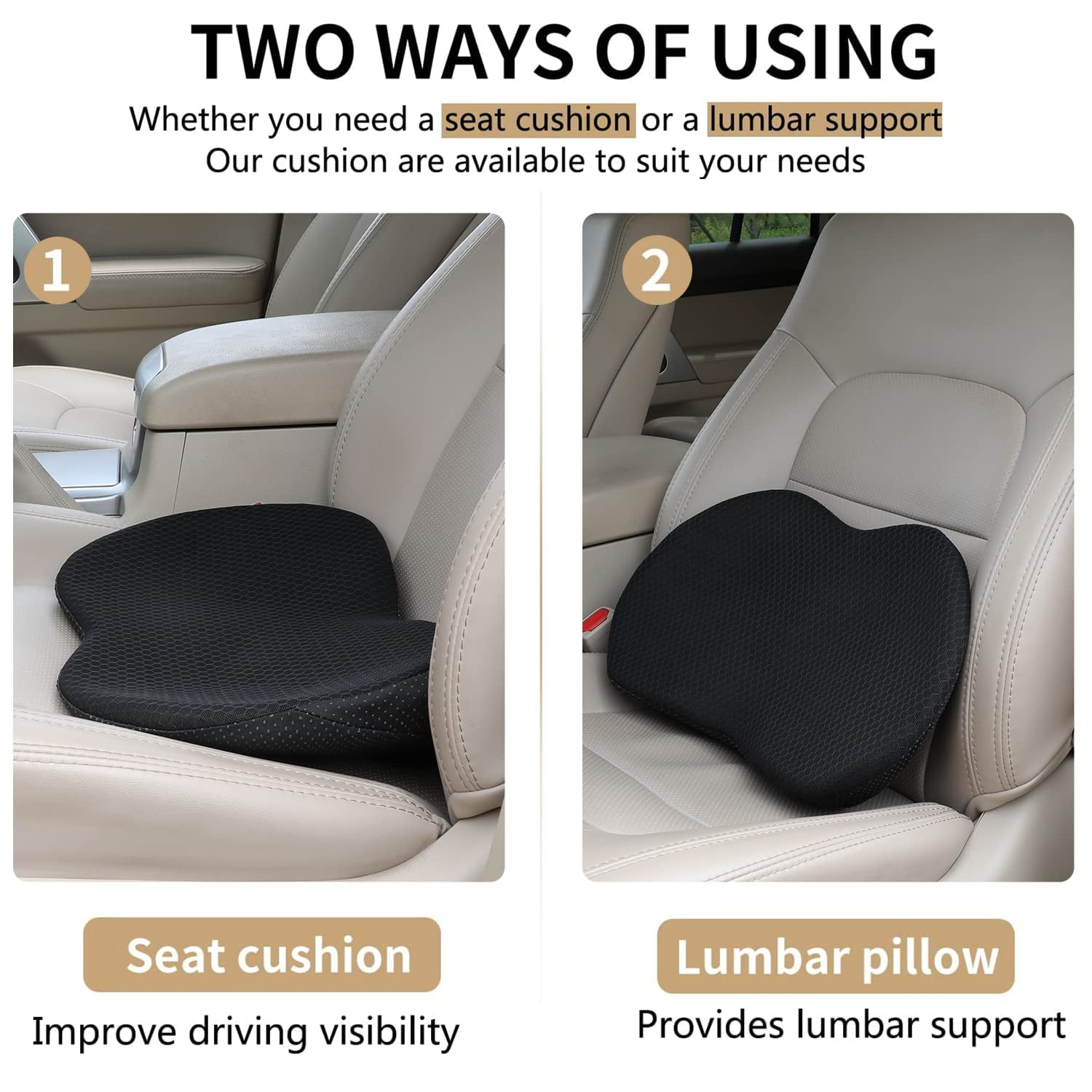 Car Seat Cushion for Drivers Memory Foam Pad Back Protector Comfort Pain  Relief