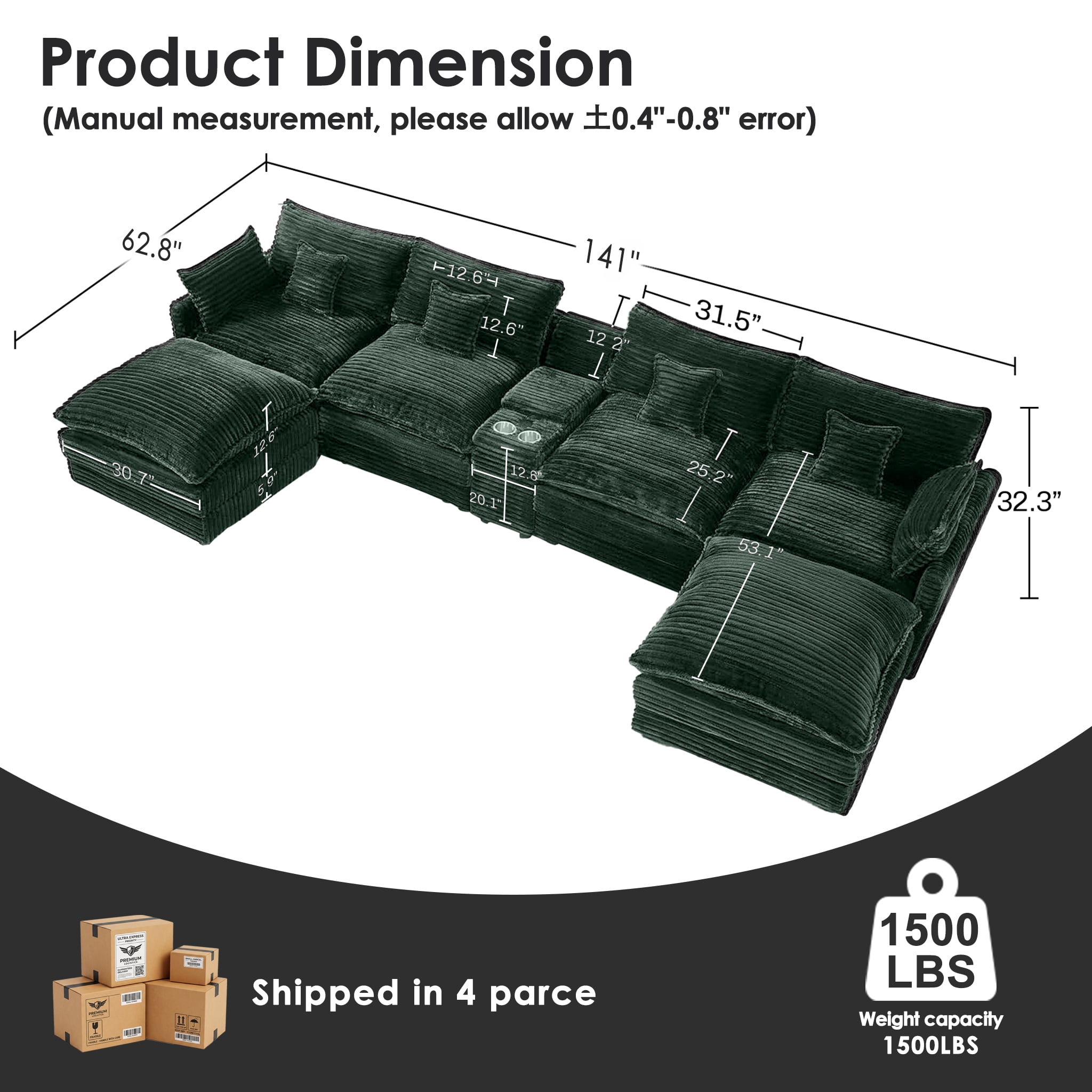 Wakefit 141" U Shaped Sectional Couch, Oversized Modular Sectional Sofa, 5 Seater Corduroy Cloud Couch with Hidden Storage, USB Ports & Cup Holders for Living Room, Green