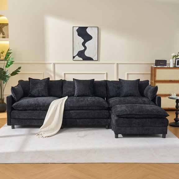 L Shaped Modular Sectional Sofa, Cloud Couch w/ Ottoman & Pillows, Chenille Deep Seat, Black
