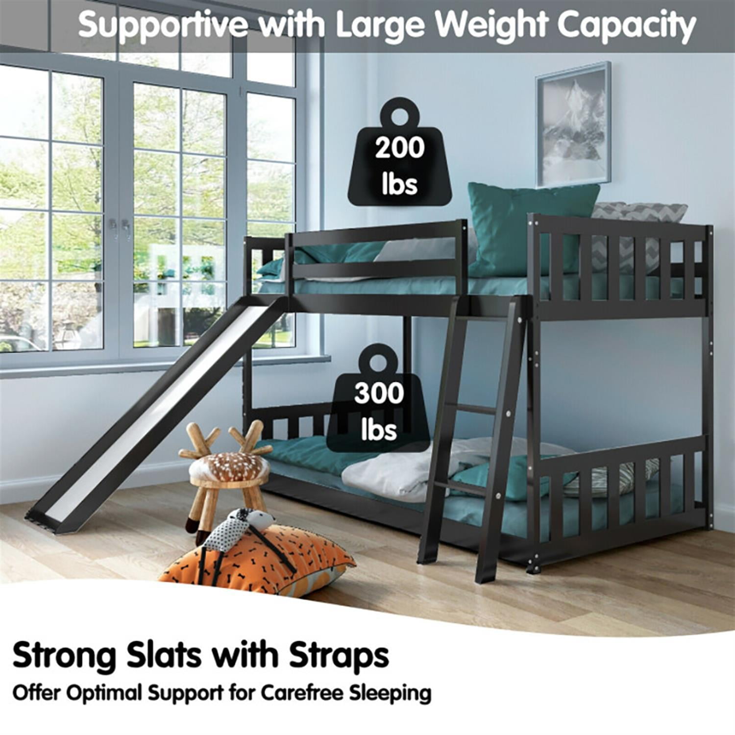 Demi Bonn Twin Over Twin Bunk Bed with High Guardrails and Slide Ladder, Twin Bunk Solid Wood Low Beds, Bed Frame, Brown