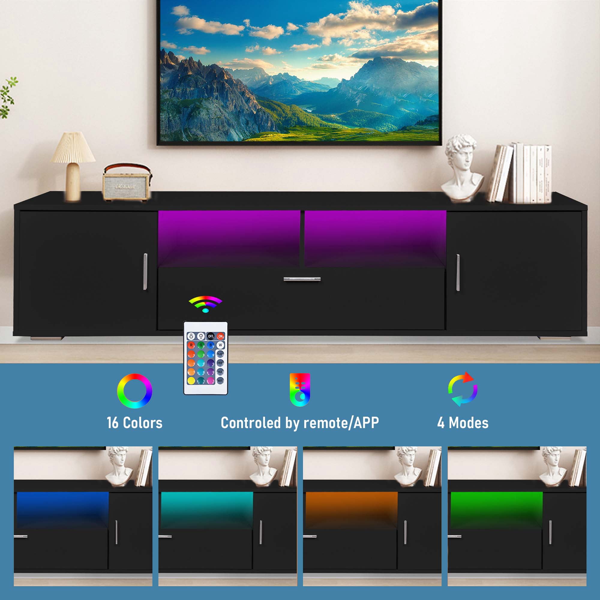 Aukfa Modern TV Stand with LED Light for TVs up to 70" - Entertainment Center TV Cabinet for Living Room - Black