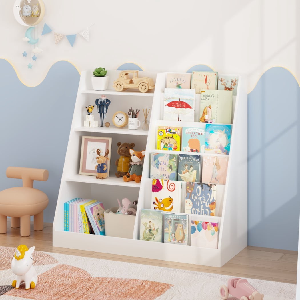 4-Tier Kids Bookshelf and Toy Storage Organizer, Wooden Children's Bookcase with Multi-Level Shelves & Toy Bin, Book Display Stand for Kids Room, Playroom & Nursery, White