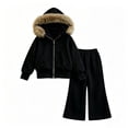 thumbnail image 4 of DJDLJWCJ 2 Piece Girls Outfit Set Fleece Lined Winter Warm Hoodie Jacket and Elastic Waist Wide Leg Pants Ser Black Size 5T, 4 of 7