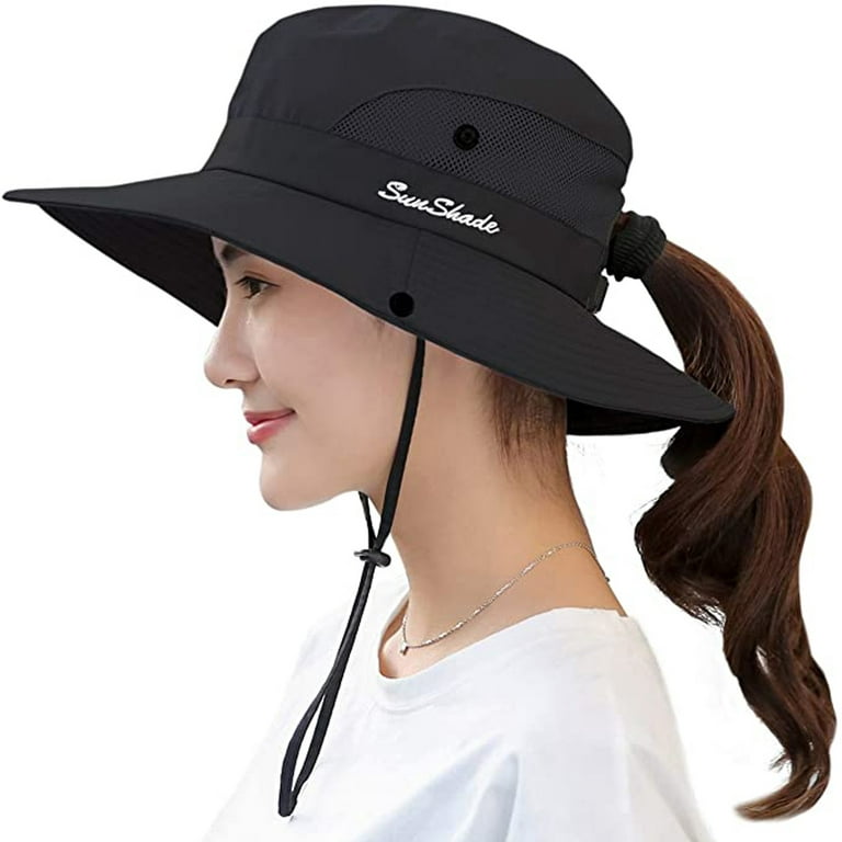 Foraging dimple Women Outdoor UV Protection Foldable Mesh Wide Beach Fishing  Hat Bucket Cap Black 
