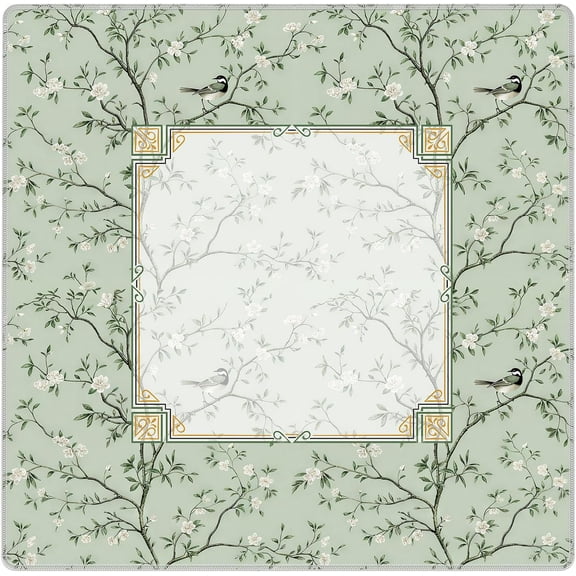 Sage Green Chinoiserie Floral Botanical Mahjong Mat for Table 31.5x31.5 in, Traditional Chinese Vine Bird Mahjong Table Mat Cover Anti Slip Noise Reduction for Mah Jong Card Board Tile Games
