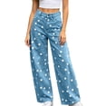 thumbnail image 3 of JSheng Women's Denim Pants Elastic Waist Straight Leg Polka Dot Print Relaxed Fit Button Zipper Detail Casual Wide Leg Pants Z-Light Blue XL, 3 of 6