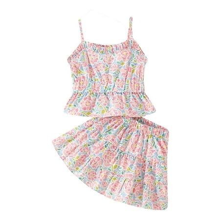 

WUXIAN Toddler Girls Summer Sleeveless Cartoon Flower Printed Tops Skirt 2PCS Outfits Clothes Set Infants Baby Children Breathable Dailywear