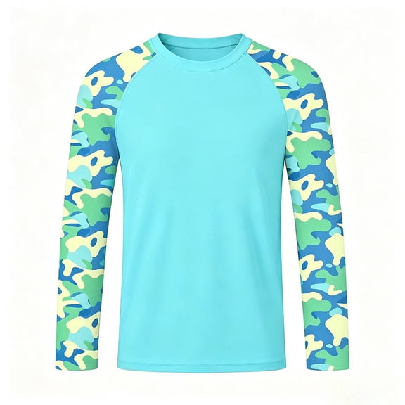 Boys Girls Long Sleeve Rash Guard, Kids Shark Camo Print Raglan Swim Shirt, UPF 50 Sun Protection Crew Neck Tops for Beach Pool Outdoor Travel(Sky Blue1,3-4 Years)