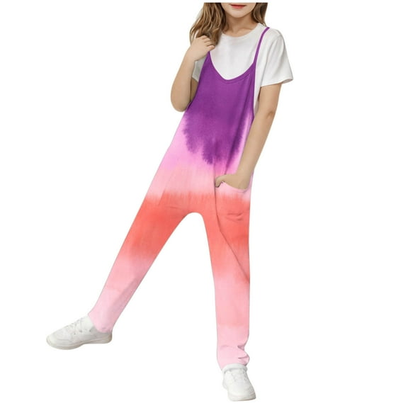Odeerbi 5-14 Years Teen Girls Summer Jumpsuit Gradient Camisole Romper Spring Casual Breathable Comfortable Overalls Strap Bib Overall Pants Playsuit