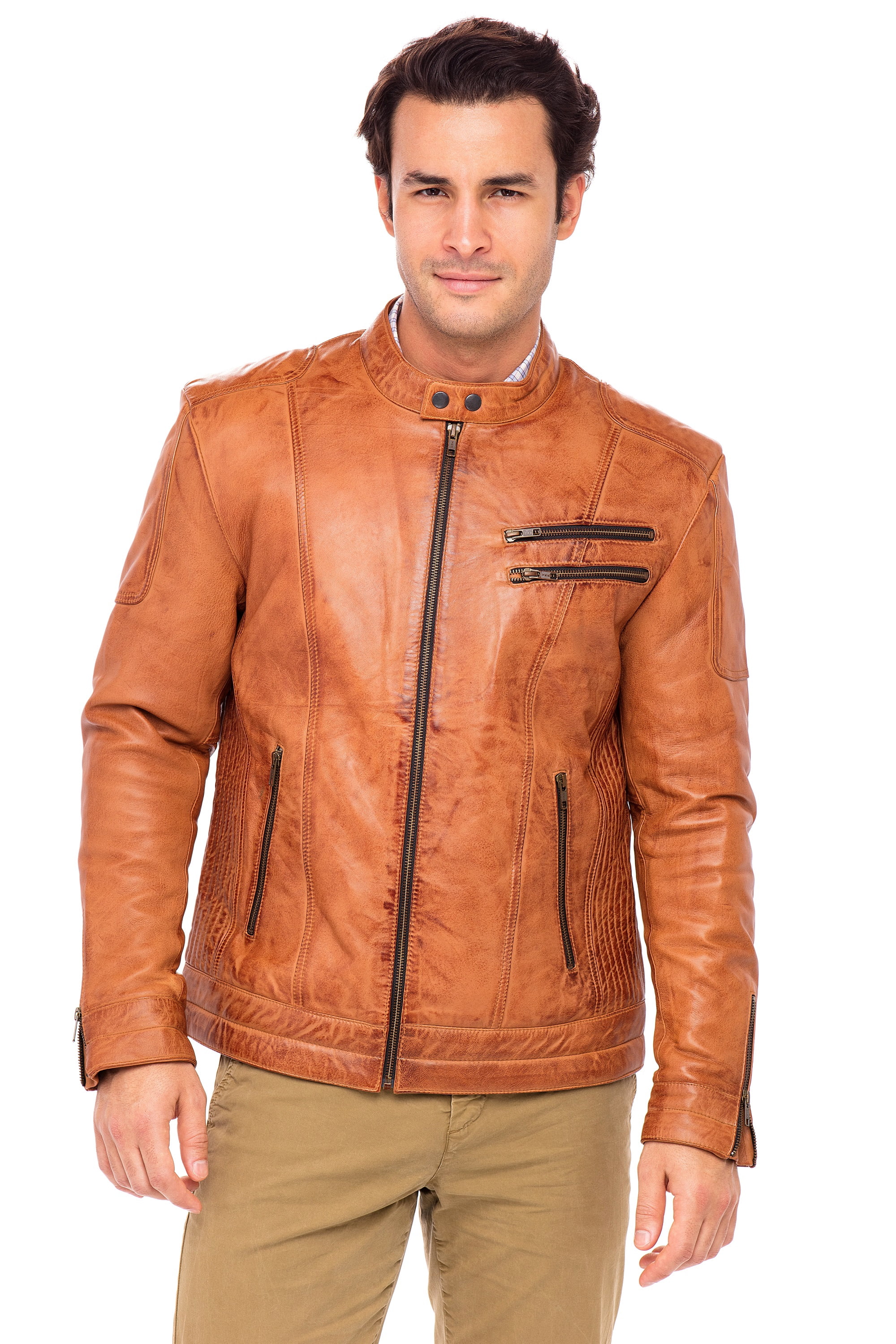 Skylinewears Men Leather Jacket Vintage Cool Jacket Leather Long Sleeve Stand Collar Club Coat Camel Size S