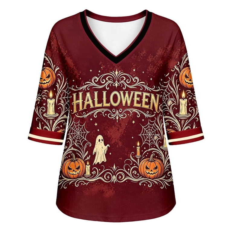 Glisme Womens Halloween T Shirts V Neck Blouses Short Sleeve Cartoon ...