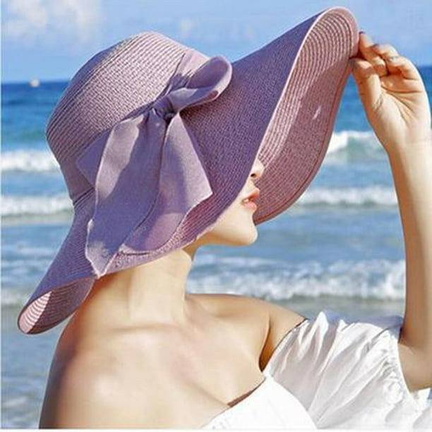 Daisyyozoid Kiplyki Wholesale Women Big Brim Straw Hat Sun Floppy Wide Brim Hats New Bowknot Folding Beach Cap Purple