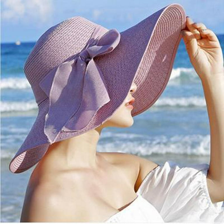 Women Big Brim Straw Hat Sun Floppy Wide Brim Hats New Bowknot Folding  Beach Cap(Purple) 