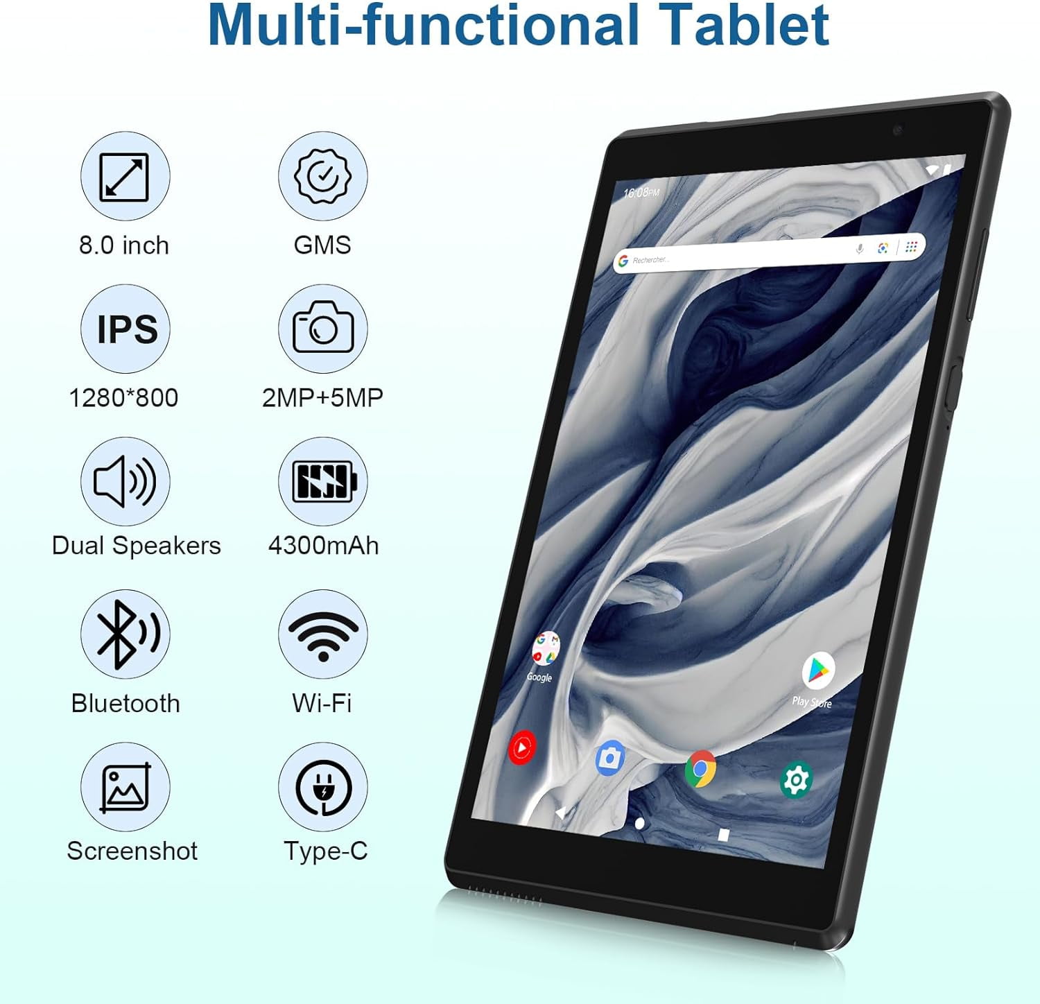 Tablet Android 14 Tablets, 8 inch Tablet 4GB RAM, 32GB ROM Support 512GB Expand Computer Tablet PC, Quad-Core Processor, IPS Touch Screen, 2+5MP Dual Camera, 4300mah Battery, Wifi Tableta