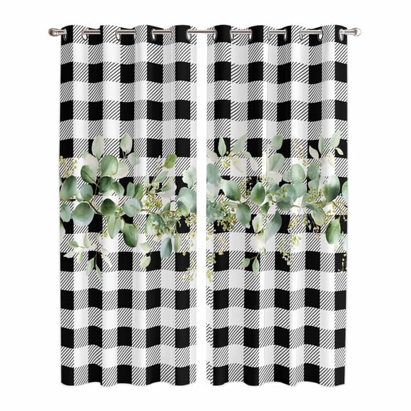 Kitchen Curtains 84 Inch Length 2 Panels, Green Eucalyptus Leaves Grommets Window Treatment Curtain, Black White Plaid Farmhouse Watercolor Thermal Curtains Drapes for Living Room/Bathroom