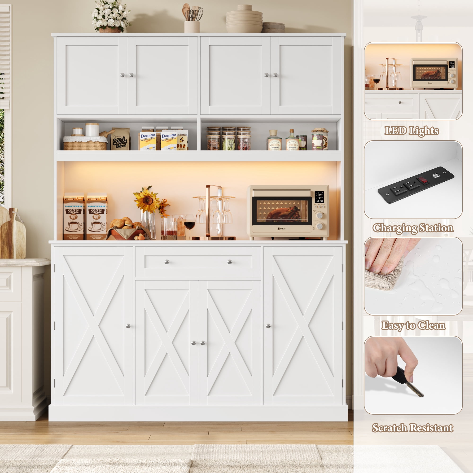 Homfa 72.8'' Tall Kitchen Pantry Cabinet with LED Lights & Charging Station, 8 Doors Storage Cabinet with Drawers & Shelves & Countertop, Kitchen Hutch with Adjustable Shelves for Dining Room, White