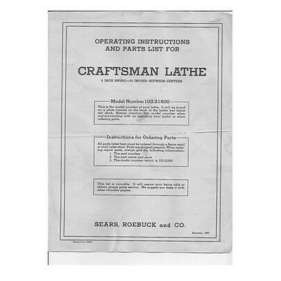 Instruction Manual ONLY for 1947 Craftsman 103.21600 or Dunlap 8" x 24" Lathe Instructions REPRINT
