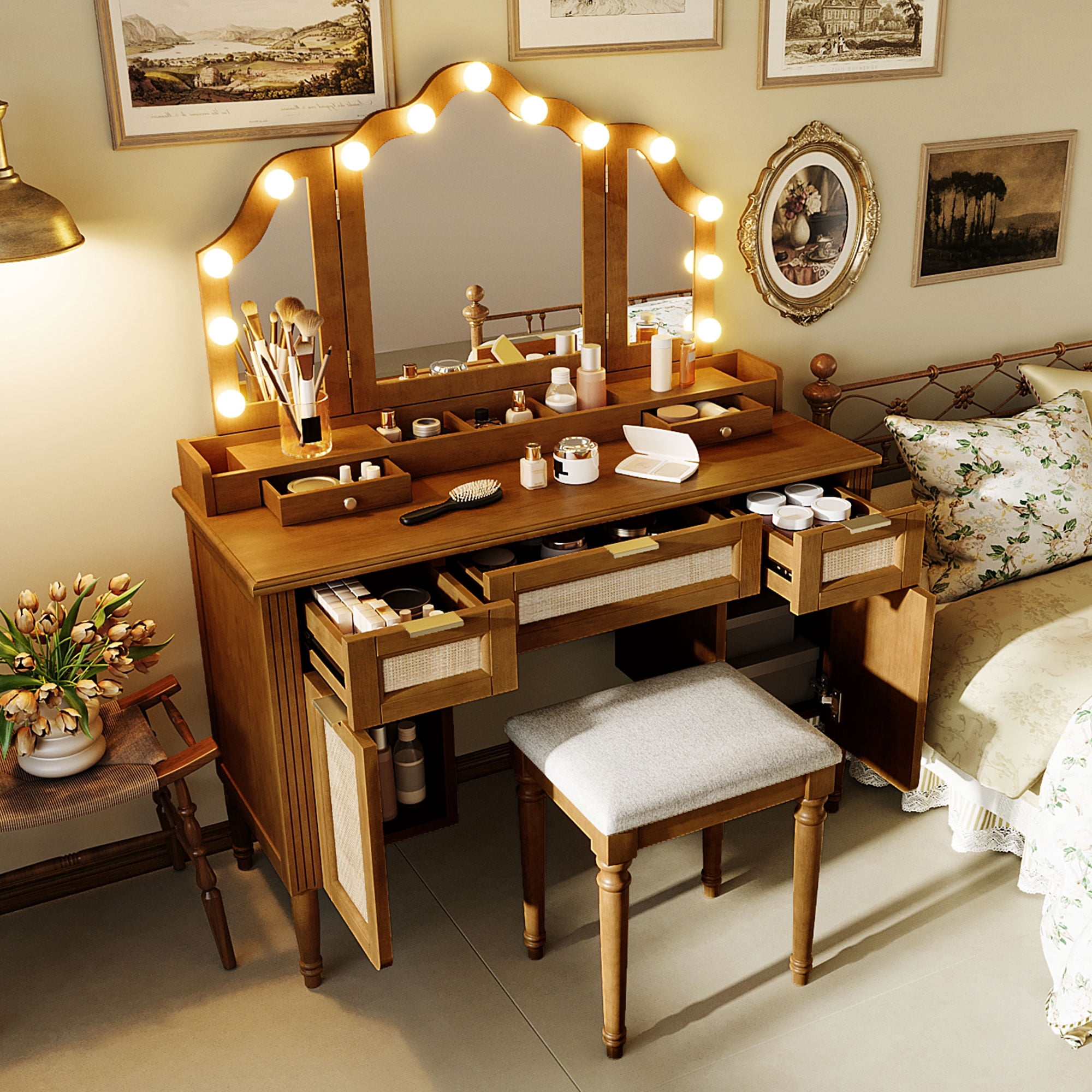 Mintazer 44" Makeup Vanity Set with Tri-Fold Hollywood Bulbs LED Mirror & Charging Station, Dressing Table with 5 Drawers & 2 Cabinets and Stool for Bedroom, Espresso