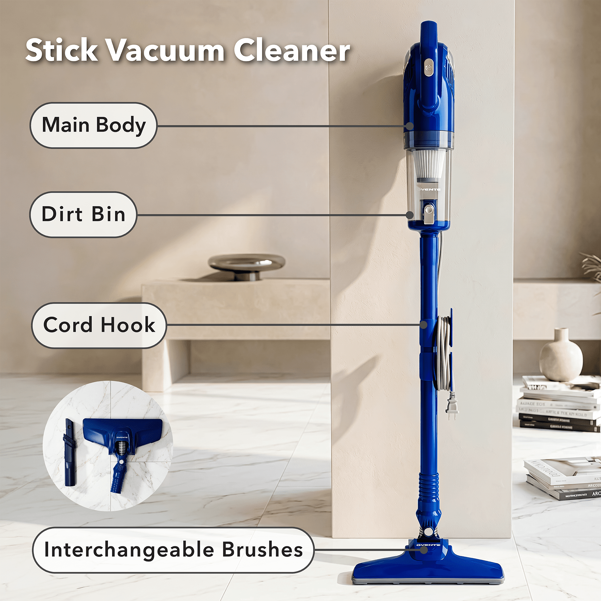 OVENTE 2-in-1 Corded Stick Bagless Vacuum Cleaner, 450W, Blue STV345BLS | With 14Kpa Powerful Suction, Lightweight and Washable Filter for Home, Car, Pet Hair, Carpet and Hard Floor