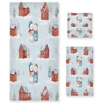 3 Piece Bath Towels Set Bath Towel, Hand Towel and Face Towel for Bathroom, Gym, Hotel Watercolor Snowman and Red Barn