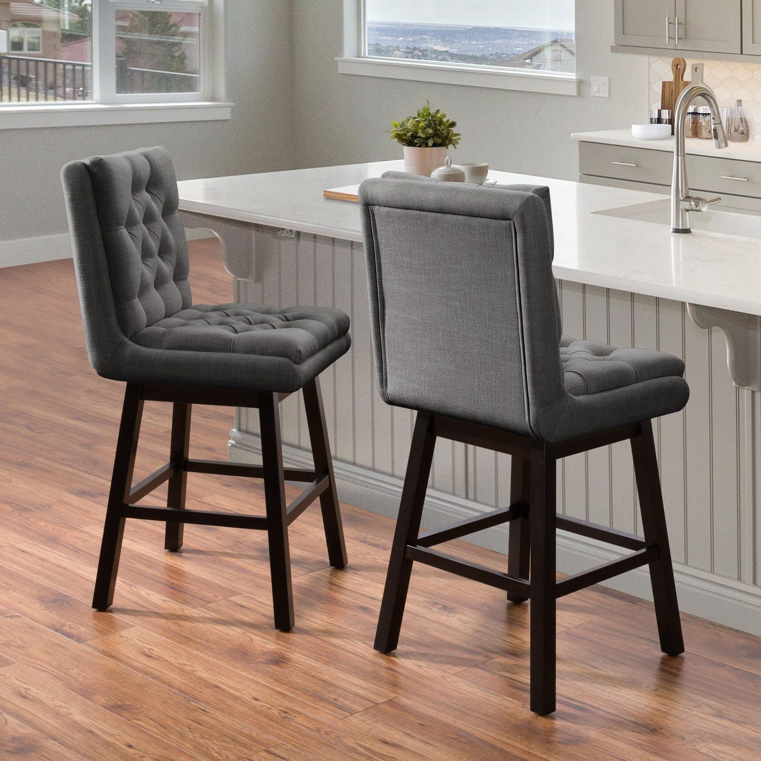 CorLiving Leilani Modern Tufted Indoor Counter Height Bar Stools with Back and Wood Legs - Set of 2