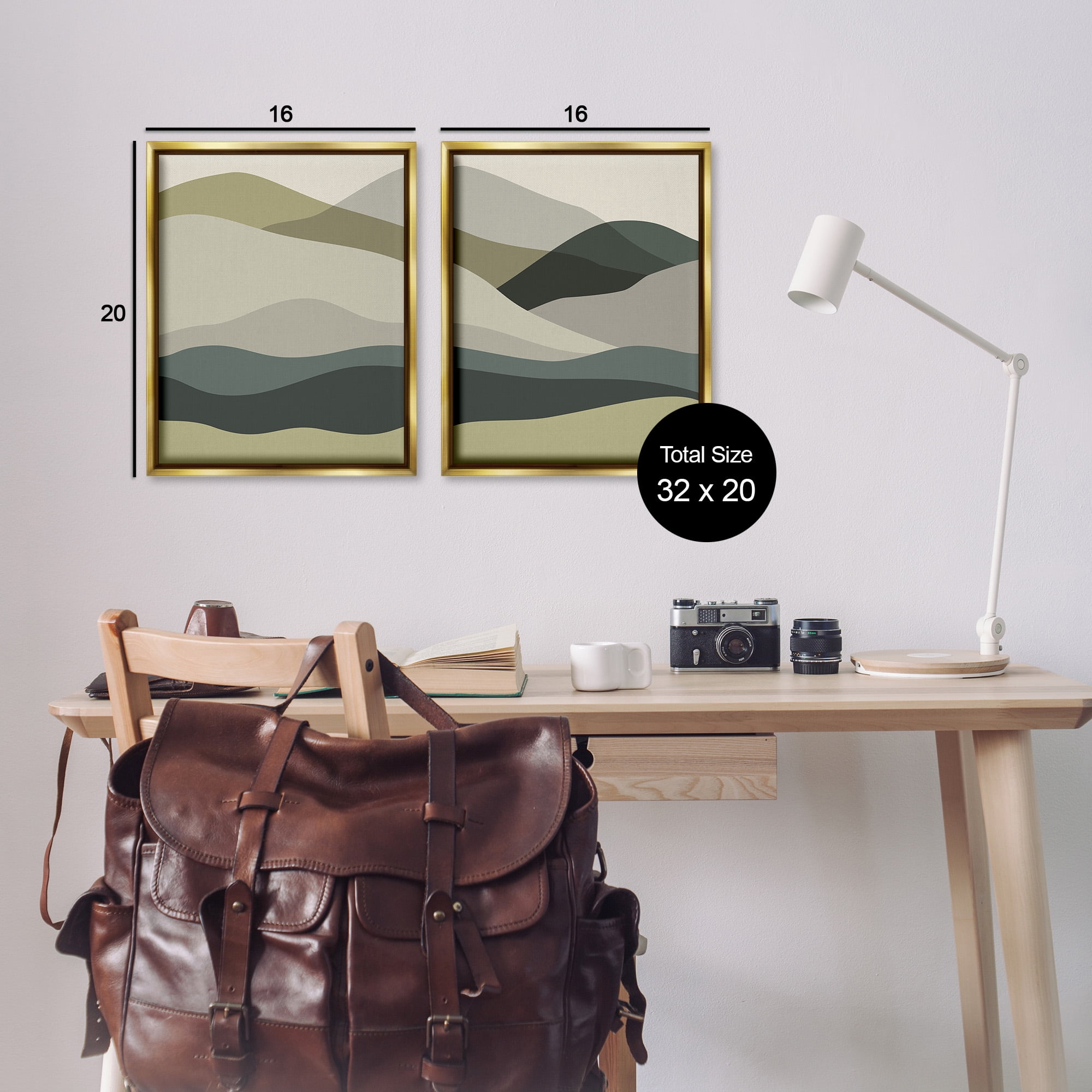 Stupell Industries Modern Green Mountains Landscape Painting Gold Floater Framed Canvas Art Print Wall Art, 17 x 21, Set of 2