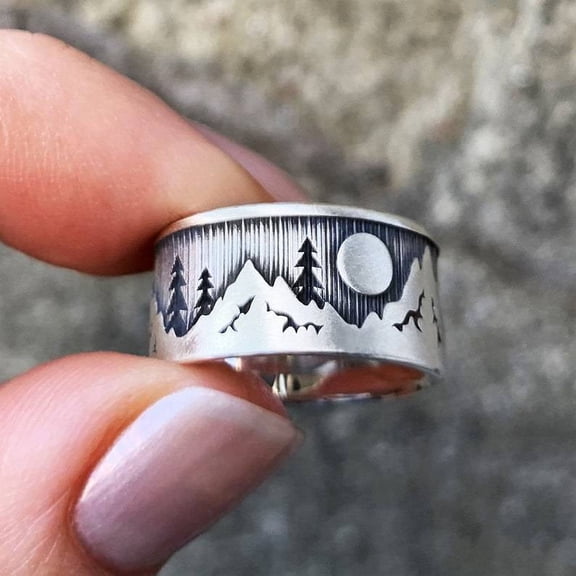 Women Nature Inspired Landscape Forest Mountains Ring Alloy Electroplated Silver Geometric Fashion Ring Jewelry