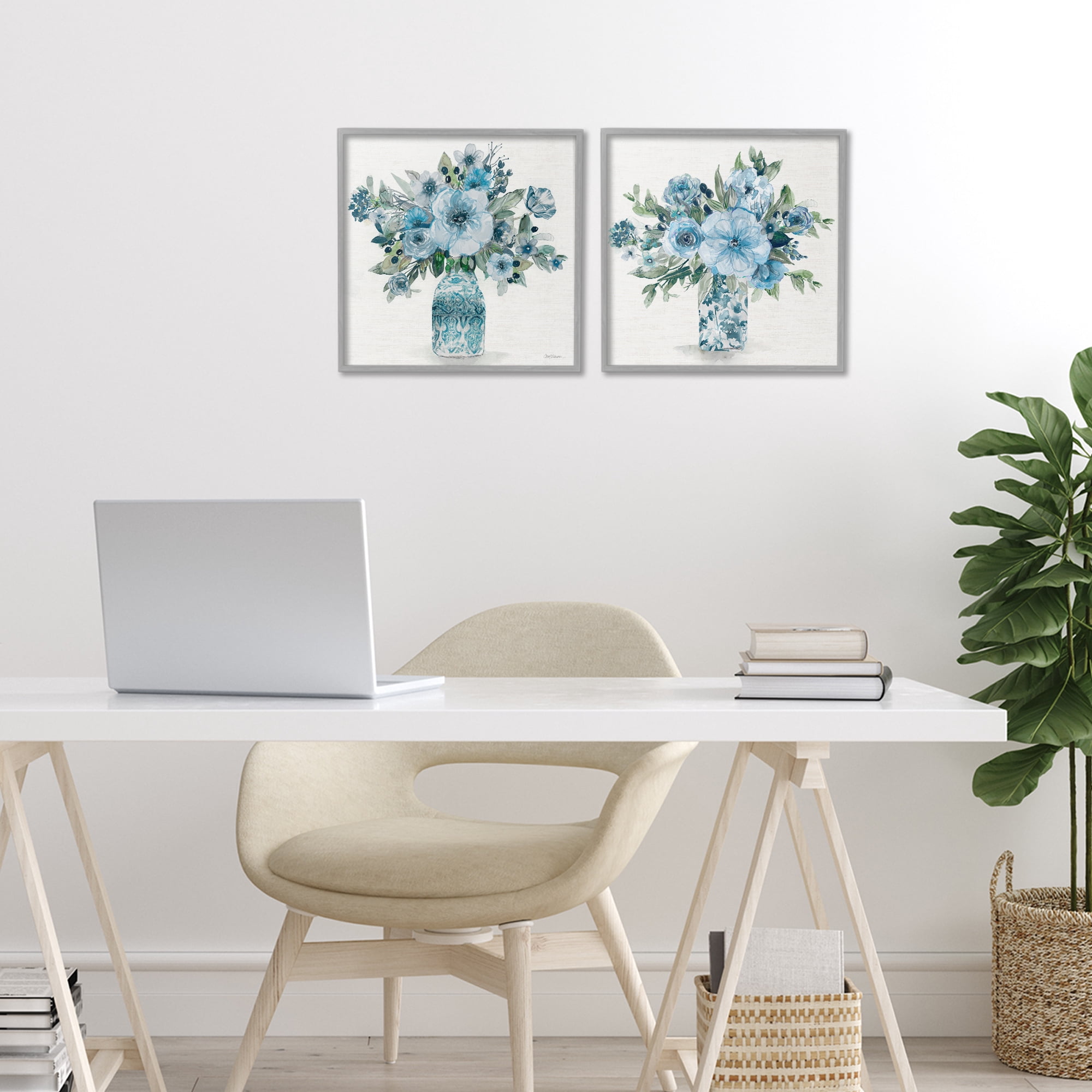 Stupell Industries Pastel Blue Floral Vase Arrangements 2 Piece Gray Framed Giclee Art Set, design by Carol Robinson