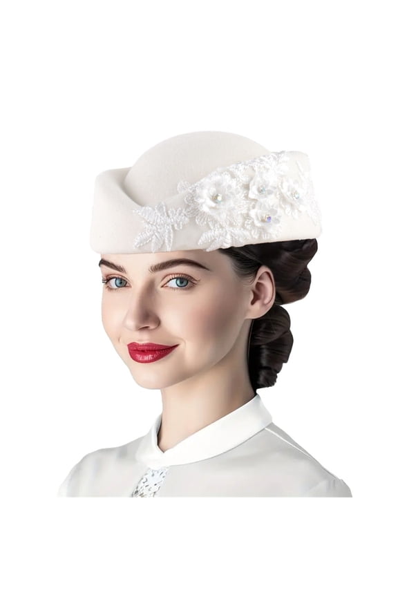 Trending Women Church Hats with Flower Applique, Pillbox Hats Fascinator Tea Caps for Elegant Occasions,White,M