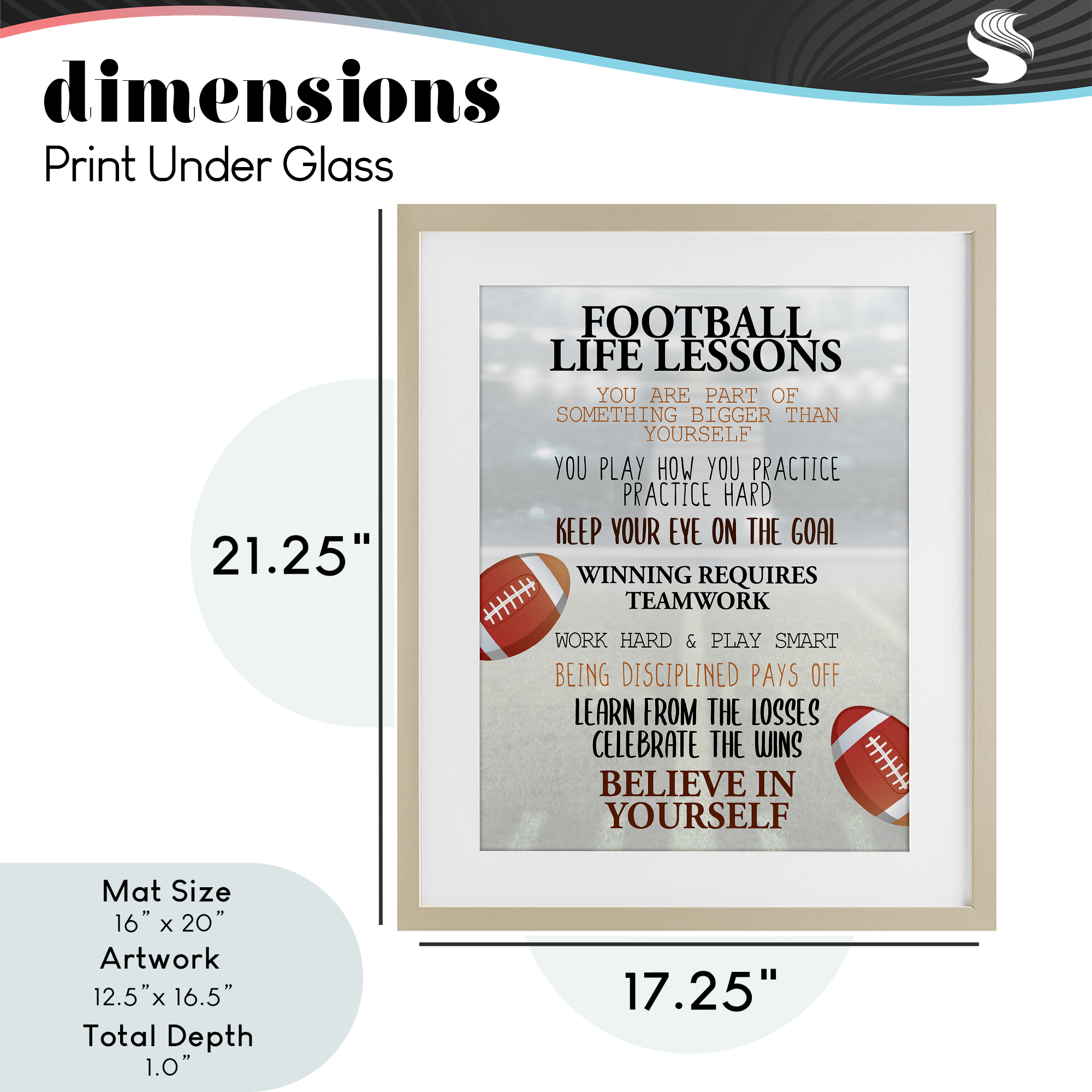 Football Life Lessons Birch Framed Print Under Glass, design by Kim Allen