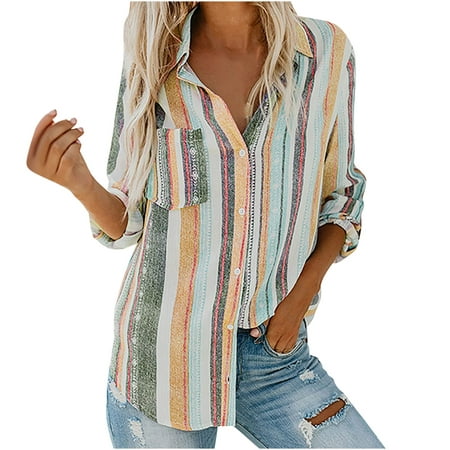 Deals LYXSSBYX V Neck Hot Sale Clearance Striped Roll Up Sleeve Button Down Womens Tops Shirts for Womens Fashion Blouses Tops With Pocket Loose Shirt