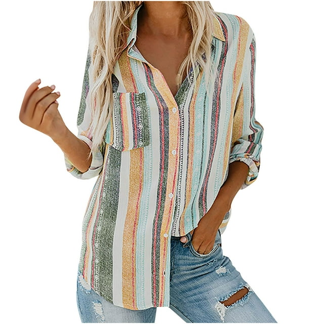 Womens Fashion V Neck Striped Roll Up Sleeve Button Down Blouses Tops With Pocket Loose Shirt