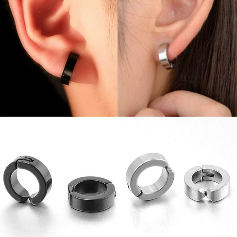 Yesbay 1 Pair Men Stainless Steel Non-Piercing Clip on Ear Stud Cuff Hoop Earrings-Silver, Women's, Size: Small