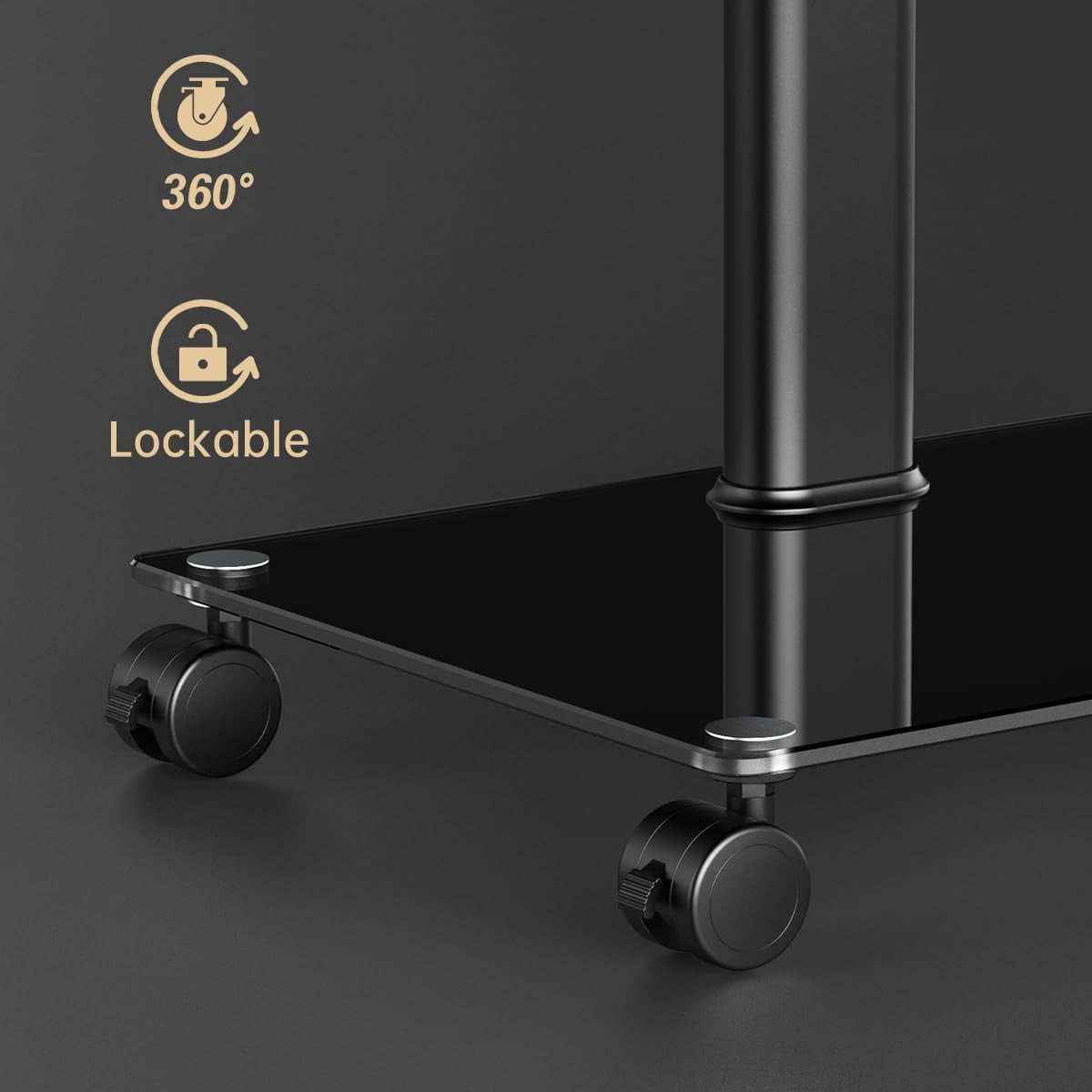 FITUEYES Rolling TV Stand for 32–65 Inch TVs, Black, Swivel Mount, Tempered Glass Base