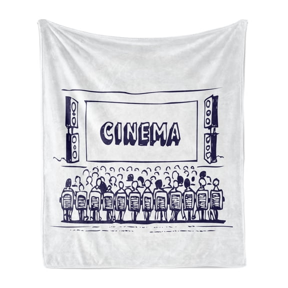 Movie Theater Soft Flannel Fleece Throw Blanket, Hand Drawn Illustration Audience Sitting in Theater Waiting the Movie, Cozy Plush for Indoor and Outdoor Use, 50" x 70", Navy Blue White, by Ambesonne