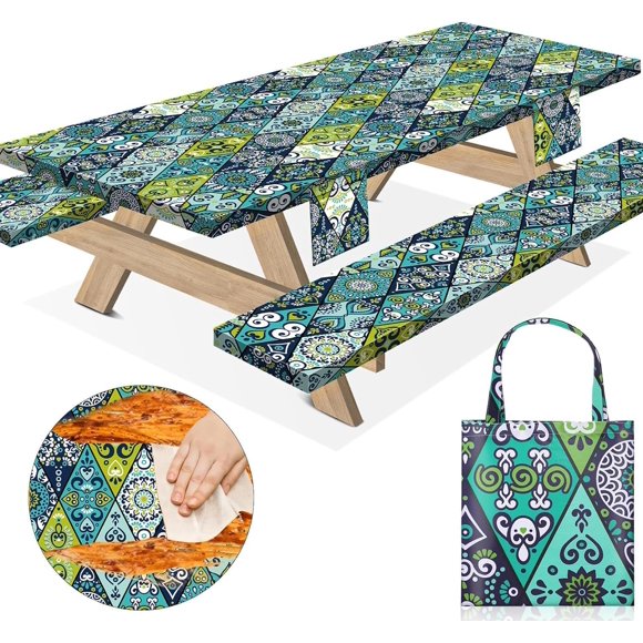 Funda de mesa de pícnic MemKiya de 8 pies con fundas para bancos, impermeable